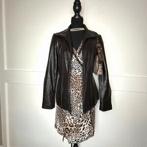 Y2K Indie Sleaze Jones New York Brown Leather Jacket Pleated Zip Up Grunge